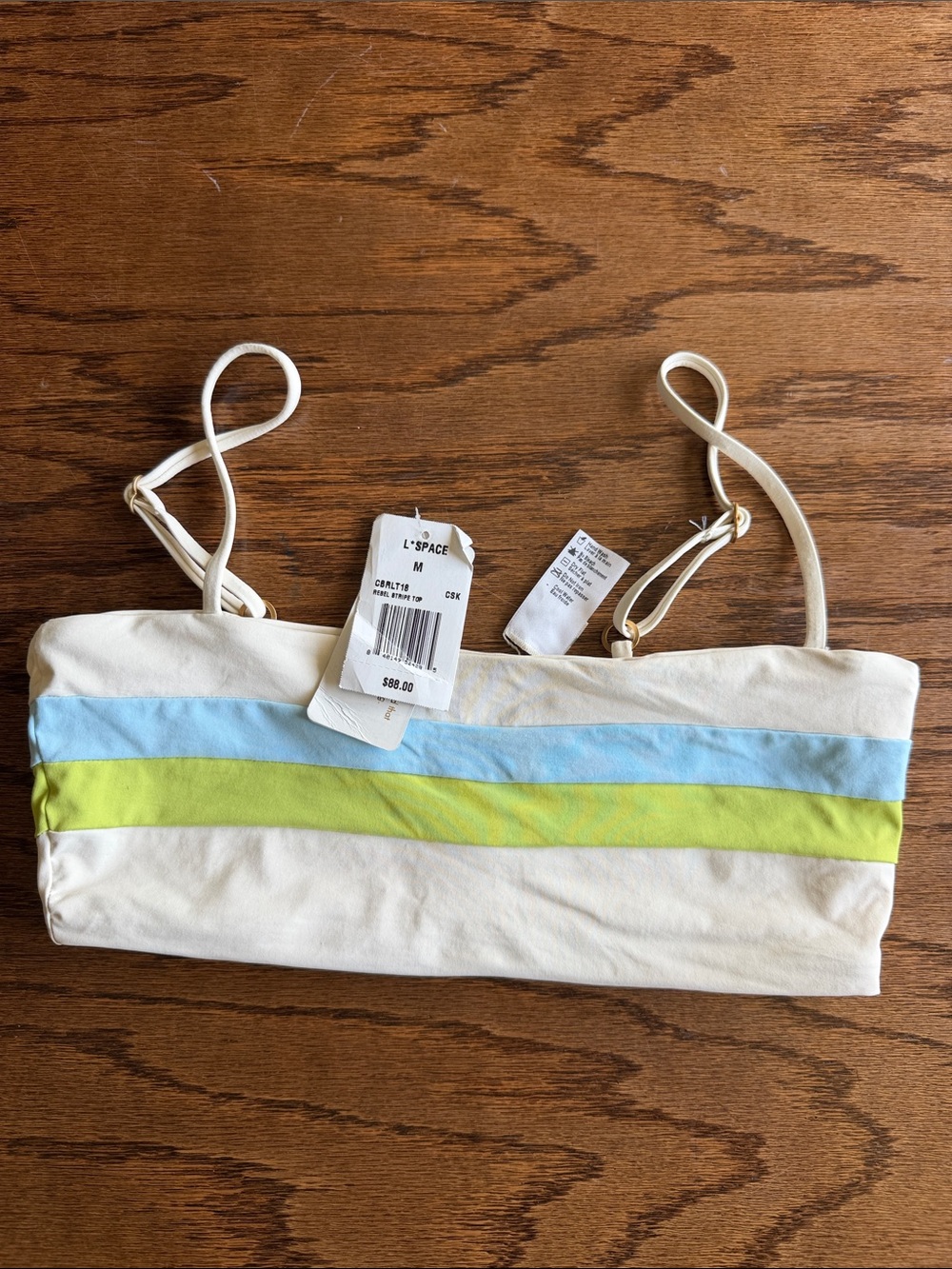 l*space White Bandeau Bikini Top with Blue and Lime Stripes